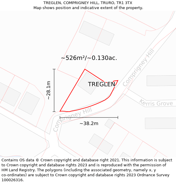 TREGLEN, COMPRIGNEY HILL, TRURO, TR1 3TX: Plot and title map