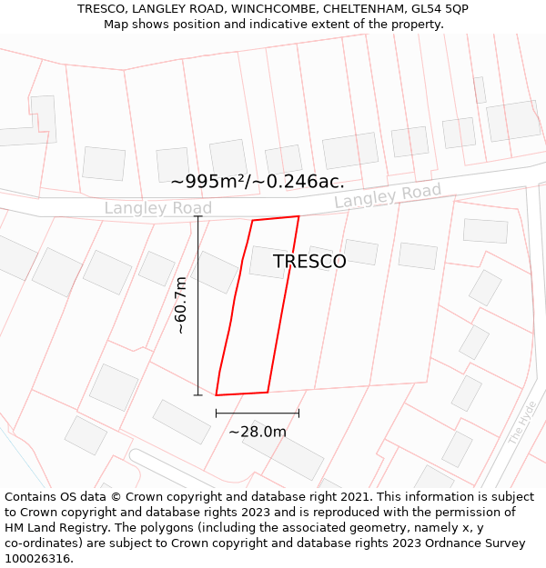 TRESCO, LANGLEY ROAD, WINCHCOMBE, CHELTENHAM, GL54 5QP: Plot and title map