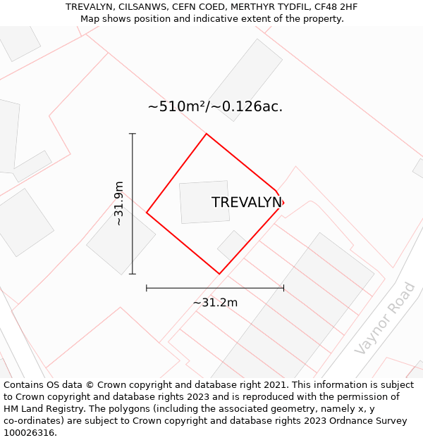 TREVALYN, CILSANWS, CEFN COED, MERTHYR TYDFIL, CF48 2HF: Plot and title map