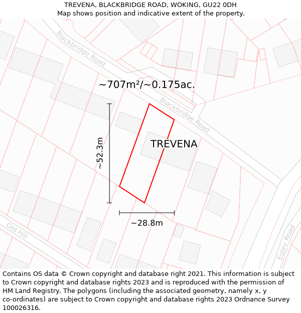 TREVENA, BLACKBRIDGE ROAD, WOKING, GU22 0DH: Plot and title map