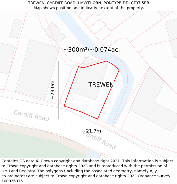 TREWEN, CARDIFF ROAD, HAWTHORN, PONTYPRIDD, CF37 5BB: Plot and title map