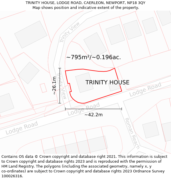 TRINITY HOUSE, LODGE ROAD, CAERLEON, NEWPORT, NP18 3QY: Plot and title map