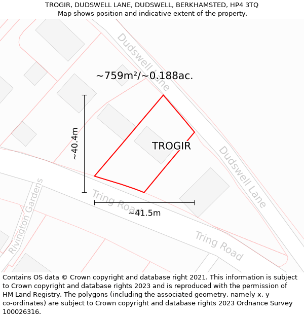 TROGIR, DUDSWELL LANE, DUDSWELL, BERKHAMSTED, HP4 3TQ: Plot and title map