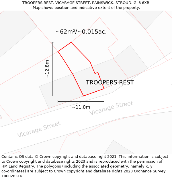 TROOPERS REST, VICARAGE STREET, PAINSWICK, STROUD, GL6 6XR: Plot and title map
