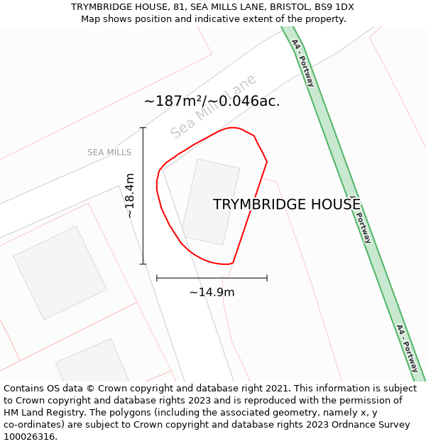 TRYMBRIDGE HOUSE, 81, SEA MILLS LANE, BRISTOL, BS9 1DX: Plot and title map