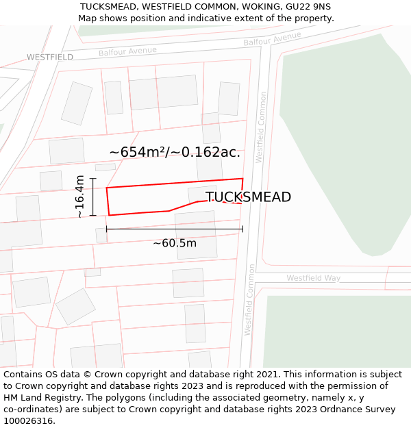 TUCKSMEAD, WESTFIELD COMMON, WOKING, GU22 9NS: Plot and title map