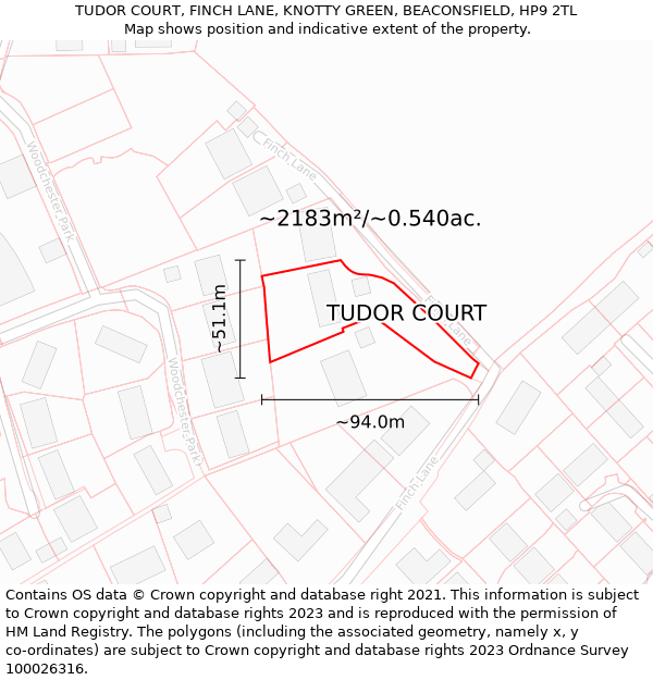 TUDOR COURT, FINCH LANE, KNOTTY GREEN, BEACONSFIELD, HP9 2TL: Plot and title map
