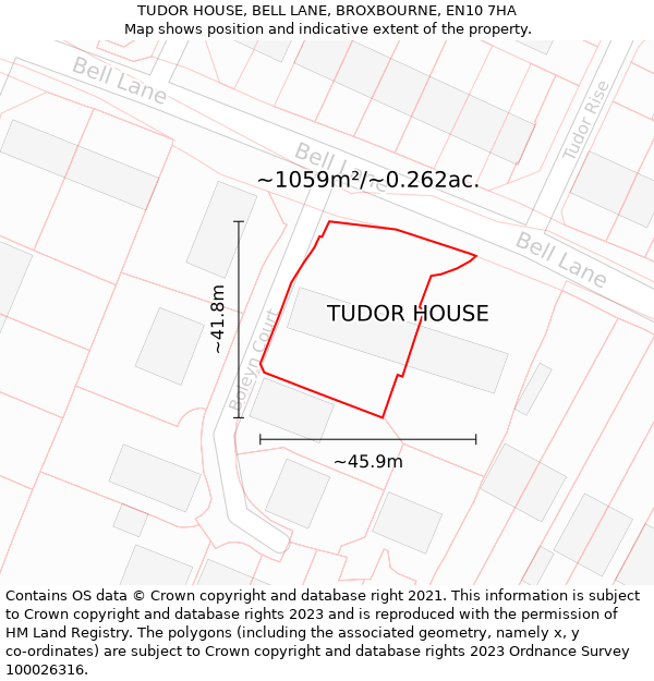 TUDOR HOUSE, BELL LANE, BROXBOURNE, EN10 7HA: Plot and title map