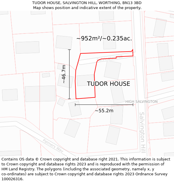 TUDOR HOUSE, SALVINGTON HILL, WORTHING, BN13 3BD: Plot and title map