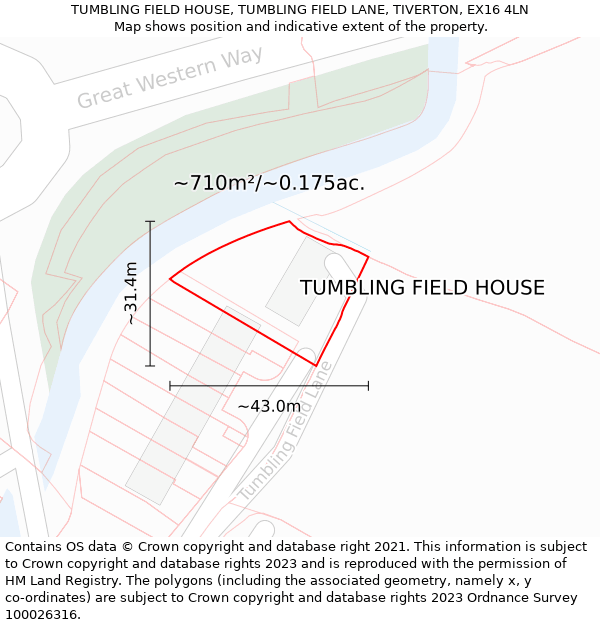 TUMBLING FIELD HOUSE, TUMBLING FIELD LANE, TIVERTON, EX16 4LN: Plot and title map