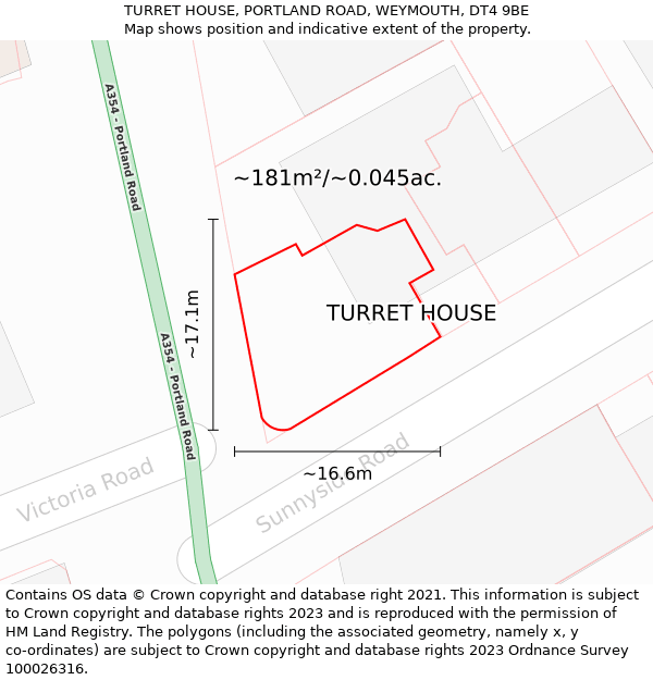 TURRET HOUSE, PORTLAND ROAD, WEYMOUTH, DT4 9BE: Plot and title map