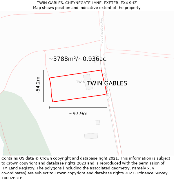 TWIN GABLES, CHEYNEGATE LANE, EXETER, EX4 9HZ: Plot and title map