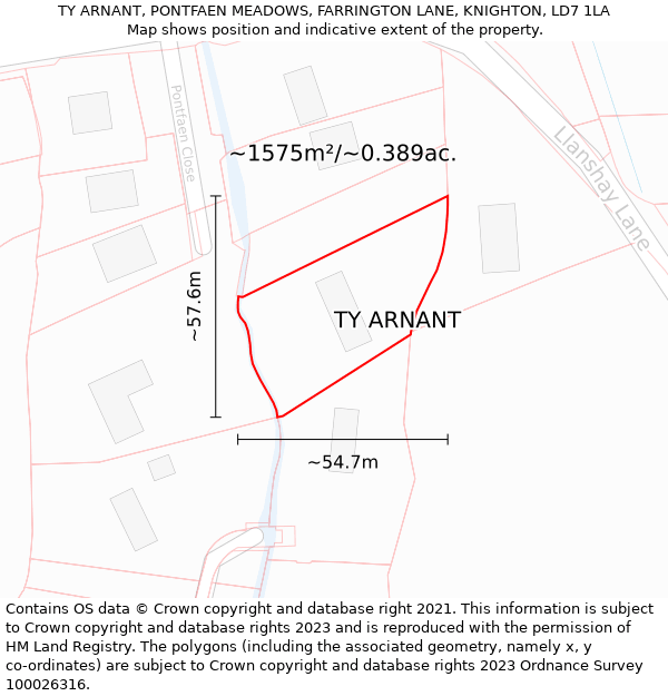 TY ARNANT, PONTFAEN MEADOWS, FARRINGTON LANE, KNIGHTON, LD7 1LA: Plot and title map