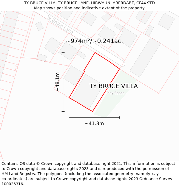 TY BRUCE VILLA, TY BRUCE LANE, HIRWAUN, ABERDARE, CF44 9TD: Plot and title map