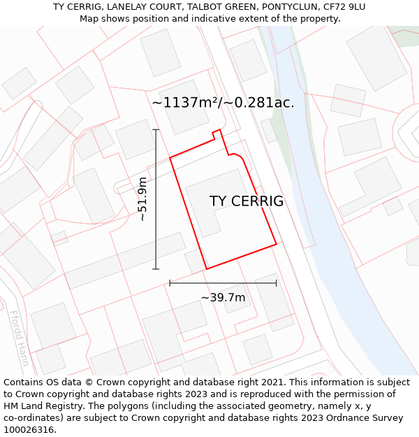 TY CERRIG, LANELAY COURT, TALBOT GREEN, PONTYCLUN, CF72 9LU: Plot and title map