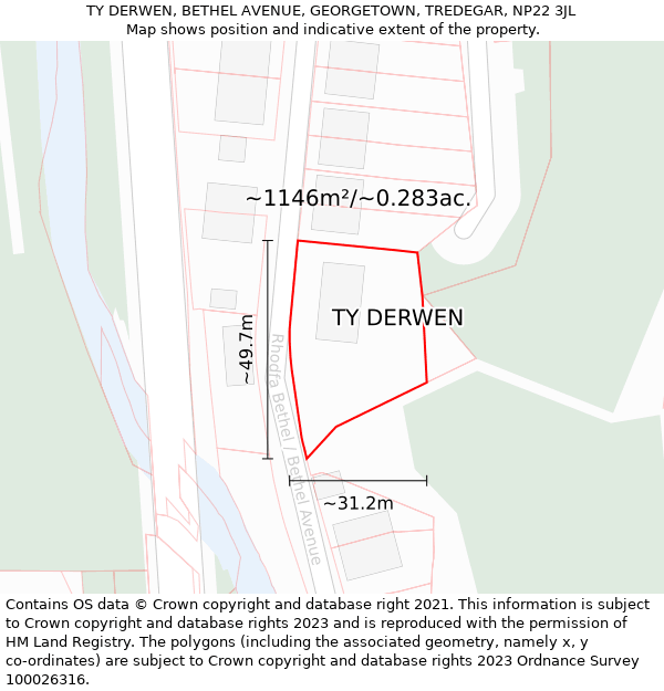 TY DERWEN, BETHEL AVENUE, GEORGETOWN, TREDEGAR, NP22 3JL: Plot and title map