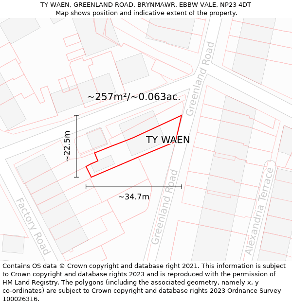 TY WAEN, GREENLAND ROAD, BRYNMAWR, EBBW VALE, NP23 4DT: Plot and title map