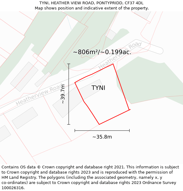 TYNI, HEATHER VIEW ROAD, PONTYPRIDD, CF37 4DL: Plot and title map