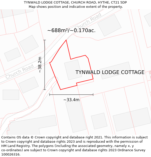 TYNWALD LODGE COTTAGE, CHURCH ROAD, HYTHE, CT21 5DP: Plot and title map
