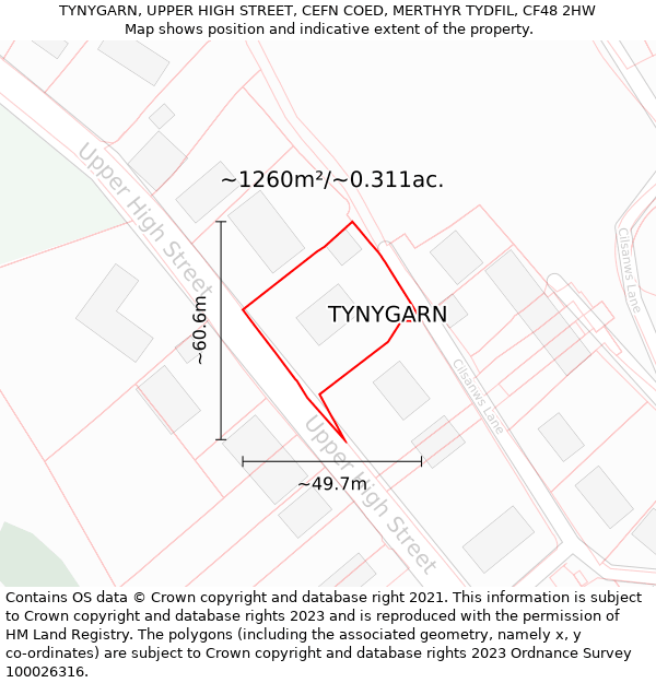 TYNYGARN, UPPER HIGH STREET, CEFN COED, MERTHYR TYDFIL, CF48 2HW: Plot and title map