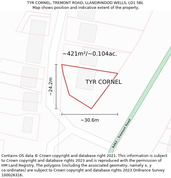 TYR CORNEL, TREMONT ROAD, LLANDRINDOD WELLS, LD1 5BL: Plot and title map