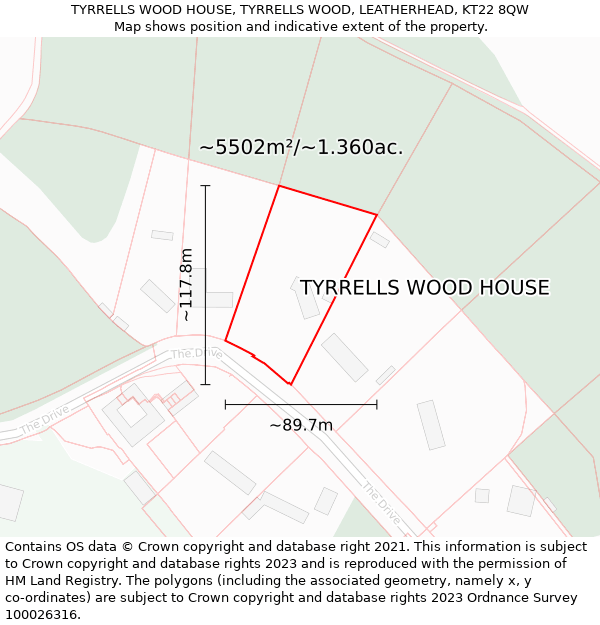 TYRRELLS WOOD HOUSE, TYRRELLS WOOD, LEATHERHEAD, KT22 8QW: Plot and title map