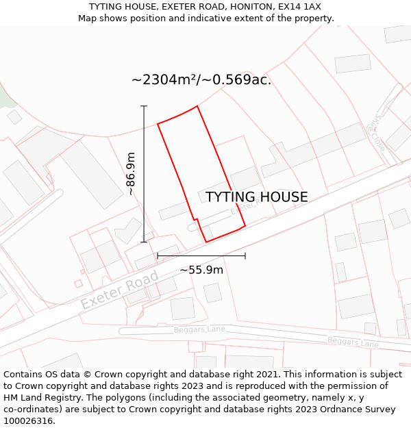 TYTING HOUSE, EXETER ROAD, HONITON, EX14 1AX: Plot and title map