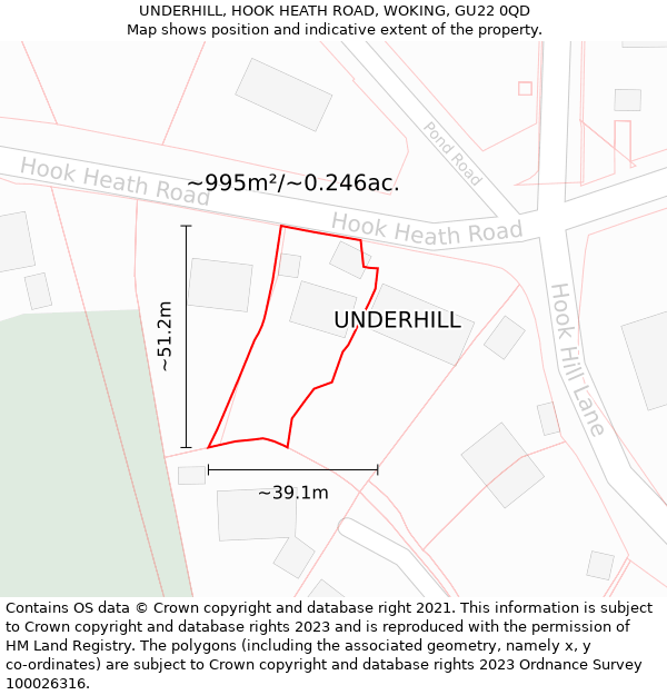 UNDERHILL, HOOK HEATH ROAD, WOKING, GU22 0QD: Plot and title map