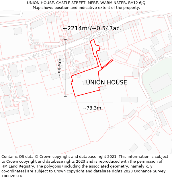 UNION HOUSE, CASTLE STREET, MERE, WARMINSTER, BA12 6JQ: Plot and title map