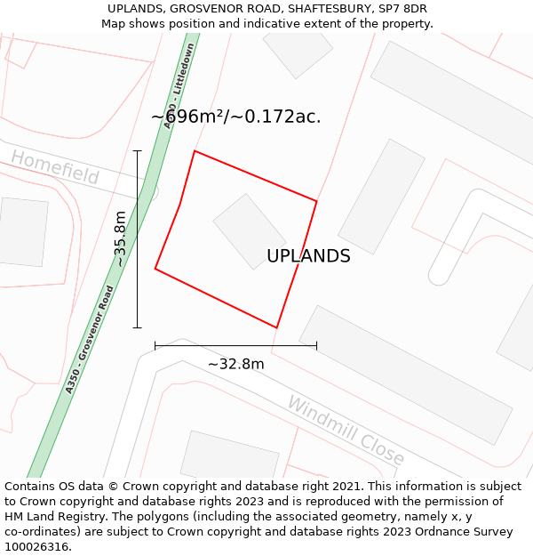 UPLANDS, GROSVENOR ROAD, SHAFTESBURY, SP7 8DR: Plot and title map