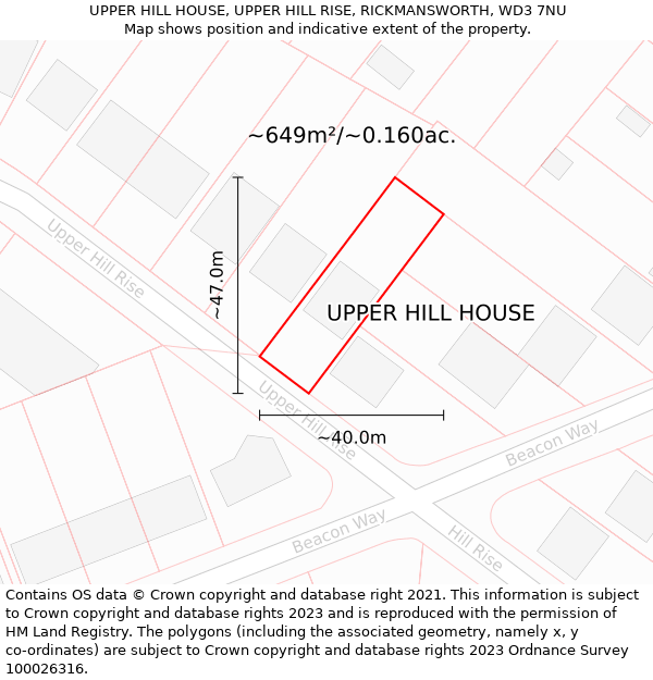 UPPER HILL HOUSE, UPPER HILL RISE, RICKMANSWORTH, WD3 7NU: Plot and title map