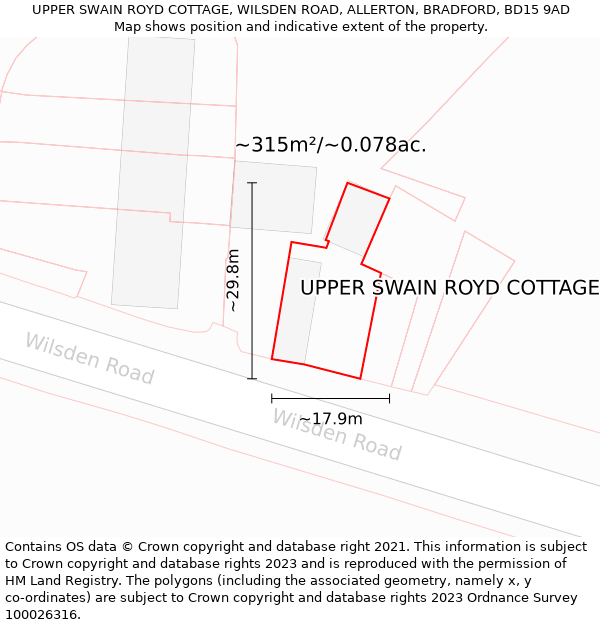 UPPER SWAIN ROYD COTTAGE, WILSDEN ROAD, ALLERTON, BRADFORD, BD15 9AD: Plot and title map