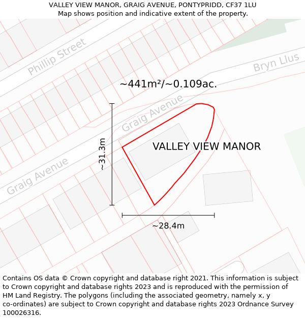 VALLEY VIEW MANOR, GRAIG AVENUE, PONTYPRIDD, CF37 1LU: Plot and title map