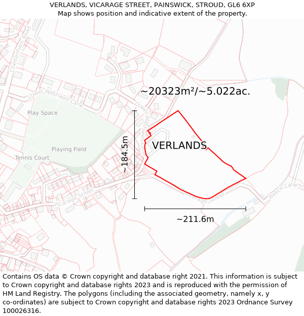 VERLANDS, VICARAGE STREET, PAINSWICK, STROUD, GL6 6XP: Plot and title map