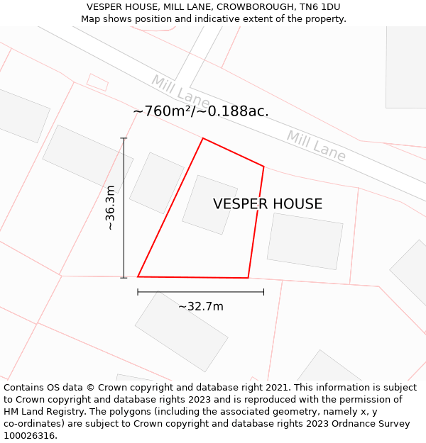 VESPER HOUSE, MILL LANE, CROWBOROUGH, TN6 1DU: Plot and title map