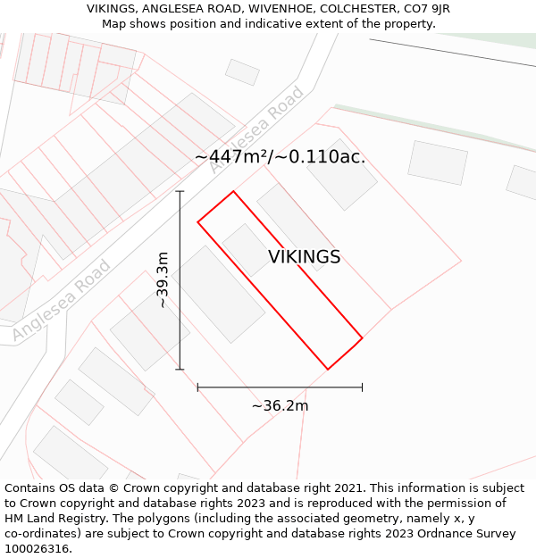 VIKINGS, ANGLESEA ROAD, WIVENHOE, COLCHESTER, CO7 9JR: Plot and title map