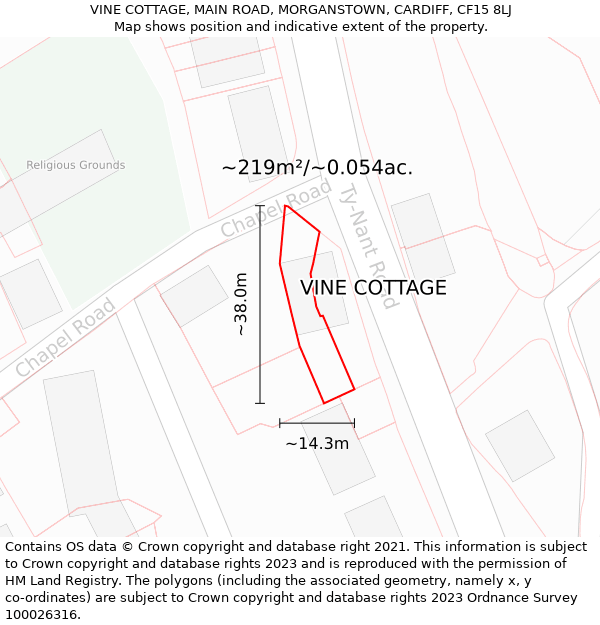 VINE COTTAGE, MAIN ROAD, MORGANSTOWN, CARDIFF, CF15 8LJ: Plot and title map