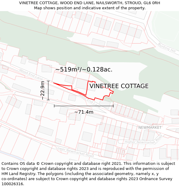 VINETREE COTTAGE, WOOD END LANE, NAILSWORTH, STROUD, GL6 0RH: Plot and title map