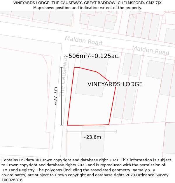VINEYARDS LODGE, THE CAUSEWAY, GREAT BADDOW, CHELMSFORD, CM2 7JX: Plot and title map
