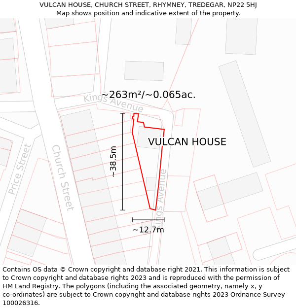 VULCAN HOUSE, CHURCH STREET, RHYMNEY, TREDEGAR, NP22 5HJ: Plot and title map