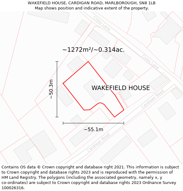 WAKEFIELD HOUSE, CARDIGAN ROAD, MARLBOROUGH, SN8 1LB: Plot and title map