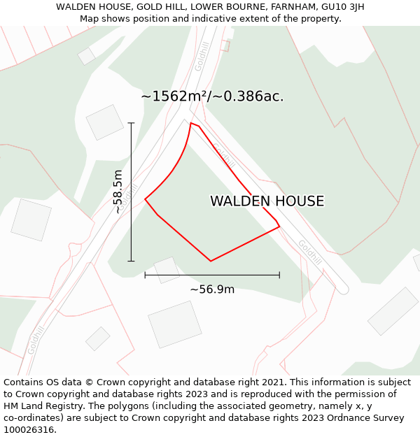 WALDEN HOUSE, GOLD HILL, LOWER BOURNE, FARNHAM, GU10 3JH: Plot and title map