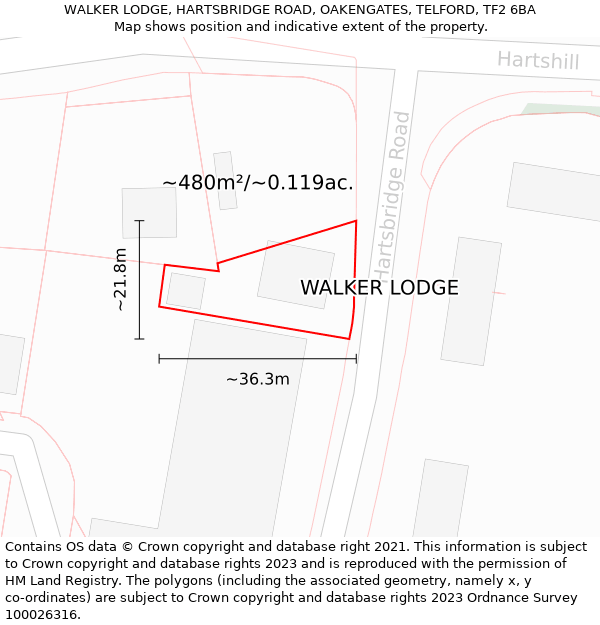 WALKER LODGE, HARTSBRIDGE ROAD, OAKENGATES, TELFORD, TF2 6BA: Plot and title map