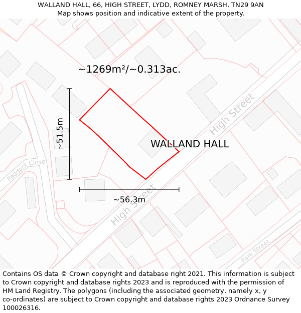 WALLAND HALL, 66, HIGH STREET, LYDD, ROMNEY MARSH, TN29 9AN: Plot and title map
