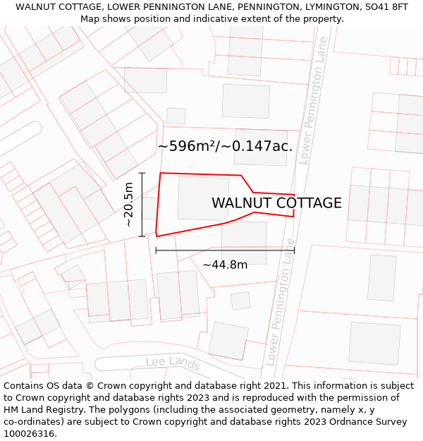 WALNUT COTTAGE, LOWER PENNINGTON LANE, PENNINGTON, LYMINGTON, SO41 8FT: Plot and title map