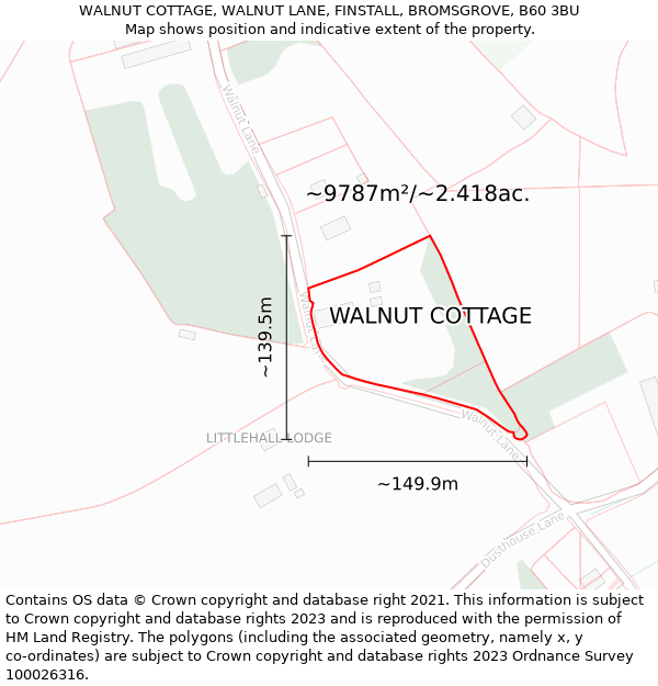 WALNUT COTTAGE, WALNUT LANE, FINSTALL, BROMSGROVE, B60 3BU: Plot and title map