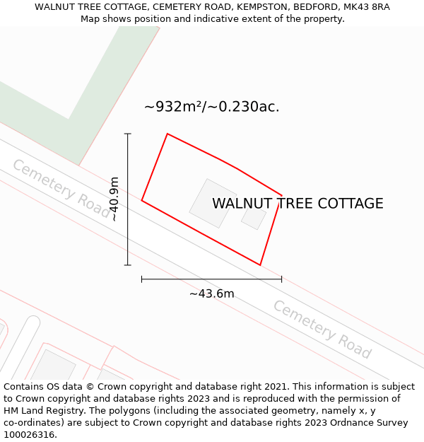 WALNUT TREE COTTAGE, CEMETERY ROAD, KEMPSTON, BEDFORD, MK43 8RA: Plot and title map
