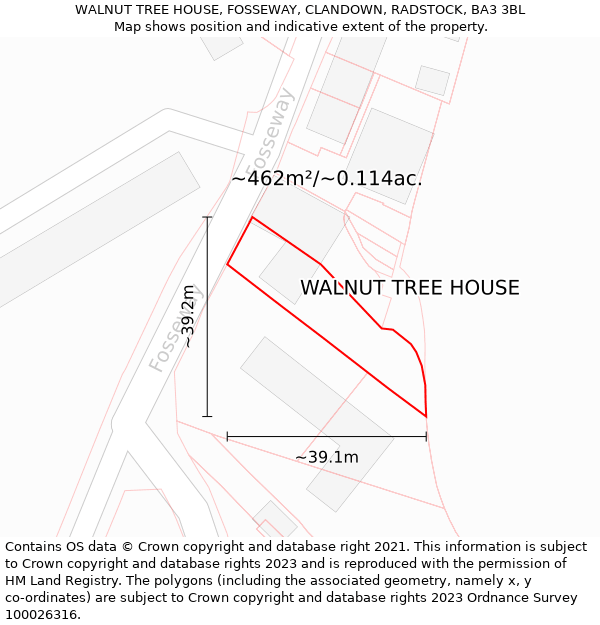 WALNUT TREE HOUSE, FOSSEWAY, CLANDOWN, RADSTOCK, BA3 3BL: Plot and title map