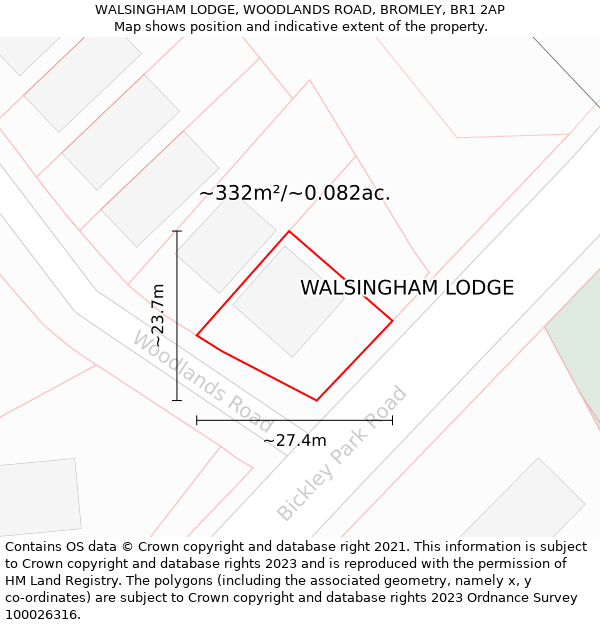 WALSINGHAM LODGE, WOODLANDS ROAD, BROMLEY, BR1 2AP: Plot and title map