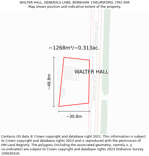 WALTER HALL, GENERALS LANE, BOREHAM, CHELMSFORD, CM3 3HR: Plot and title map